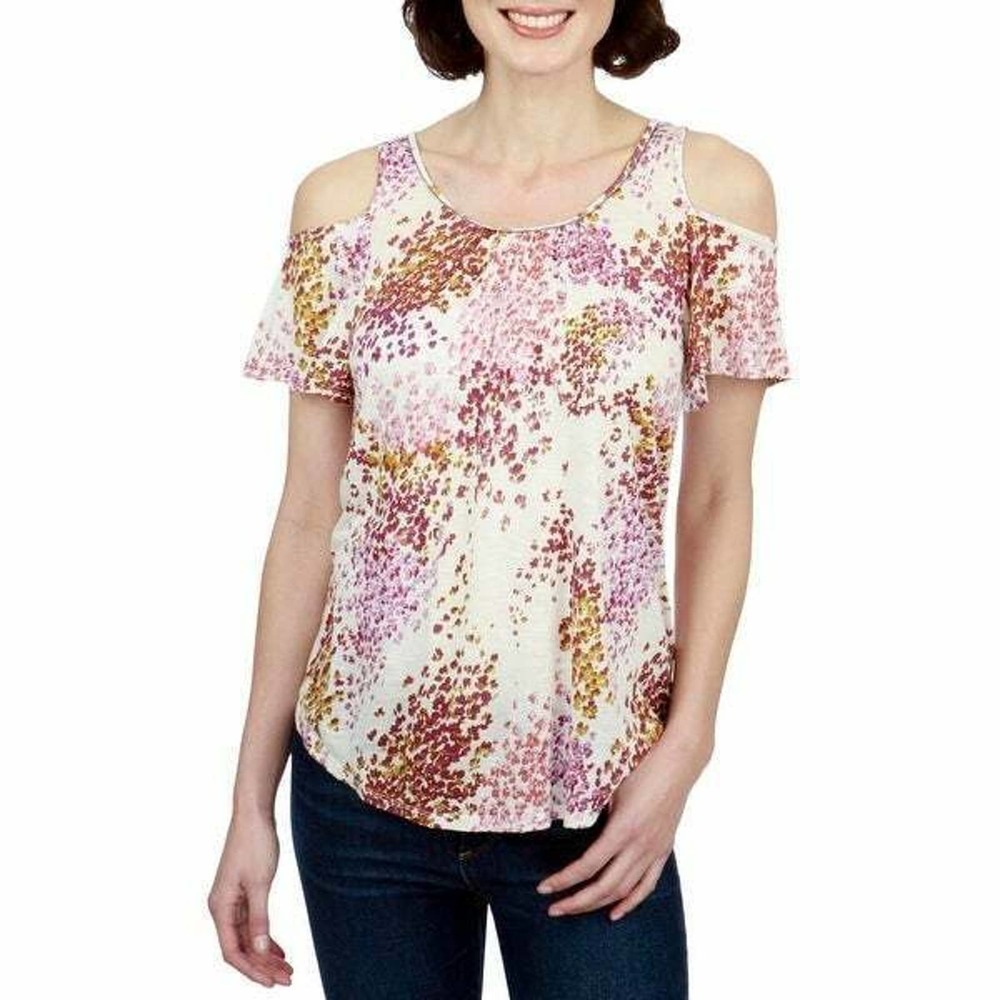 Lucky Brand | Womens Size S Purple Floral Cold Shoulder Top Short Sleeves